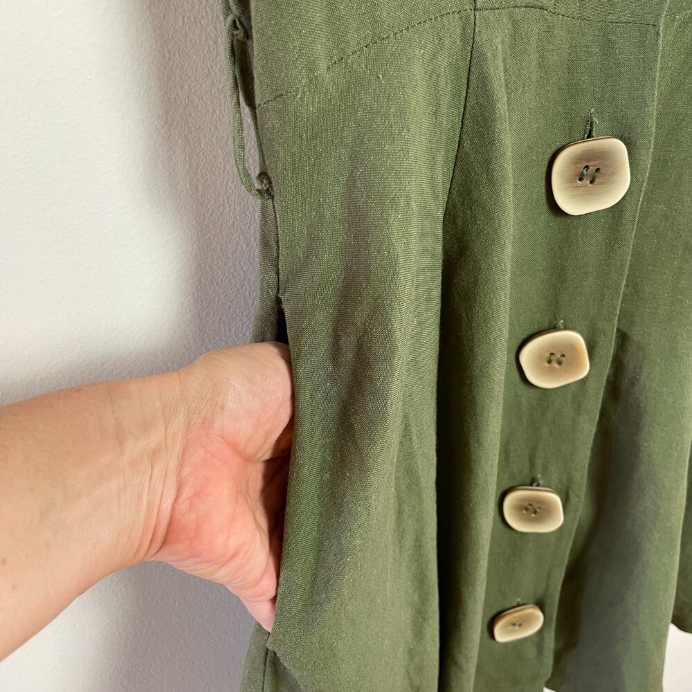 Button Front V-Neck Dress Medium Green Minimalist Earthy Cottage Woodland Forest - Picture 3 of 9